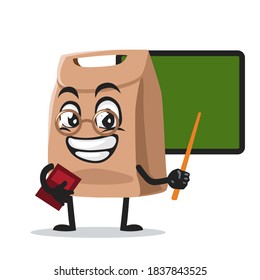 vector illustration of paper bag mascot or character teaching in front of blackboard