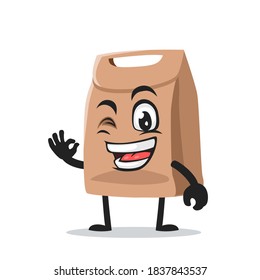 vector illustration of paper bag mascot or character with nice hand