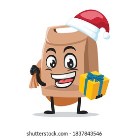 vector illustration of paper bag mascot or character wearing santa hat