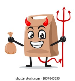 vector illustration of paper bag mascot or character Wearing devil costume and holding trident