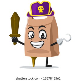 vector illustration of paper bag mascot or character wearing pirates costume and holding wooden sword
