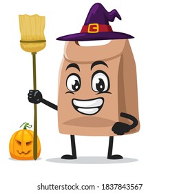 vector illustration of paper bag mascot or character wearing witch costume and holding broom