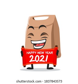 vector illustration of paper bag mascot or character holding red scroll and say happy new year