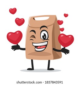 vector illustration of paper bag mascot or character bring love symbols