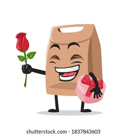 vector illustration of paper bag mascot or character give flower and holding pink gift
