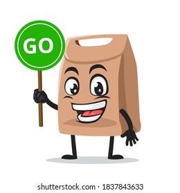 vector illustration of paper bag mascot or character holding sign says go