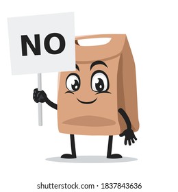 vector illustration of paper bag mascot or character holding sign says no