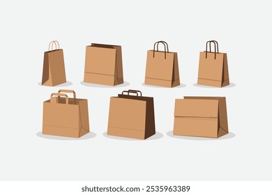 Ilustración vectorial de bolsas de papel sobre un fondo blanco, bolso de papel marrón artesanal y manija de maqueta de Vector, paquete de compras maqueta para llevar el ícono de vista frontal de alimentos, Ilustración vectorial fácilmente editable 