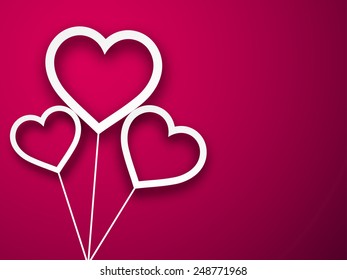 Vector illustration of paper balloon hearts. Magenta abstract love background. 