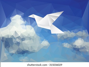 vector illustration with paper bird on paper sky, low poly