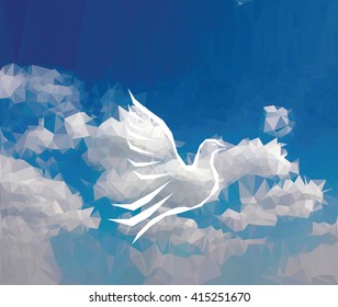 vector illustration with paper bird on paper sky, low poly