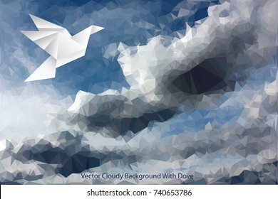 vector illustration with paper bird on triangulated sky, low poly