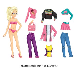 Vector illustration of paper blonde doll with cute set of casual clothes