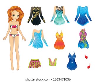 Vector illustration of paper blonde doll with set of clothes for artistic gymnastics