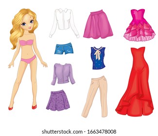 Vector illustration of paper blonde doll with set of cute casual clothes