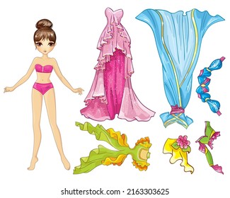 Vector illustration of paper blonde doll with beautiful puffy dresses with valances for evening