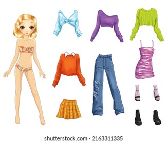 Vector illustration of paper blonde doll with set  of stylish casual clothes