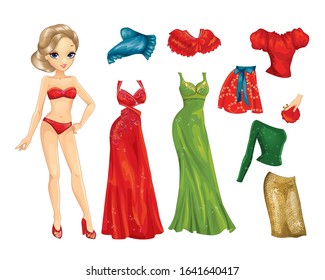 Vector illustration of paper blonde hair doll with set of event evening dress