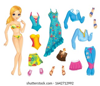 Vector illustration of paper blonde hair doll with set of summer clothes