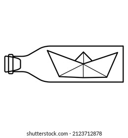 Vector illustration of paper boat in bottle icon. Outline simple craft paper boat isolated on white background. Icon symbol of travel and sea.