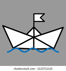 Vector illustration of paper boat icon with flag. Outline simple craft paper boat isolated on grey background. Icon symbol of travel and sea.