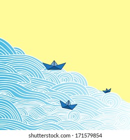 Vector illustration with paper boats in sea