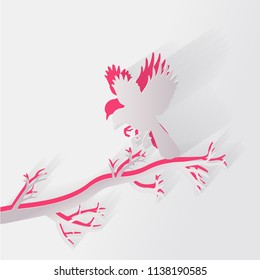 Vector illustration Paper box of shadow to bird on tree branch. Concept paper cut origami design.