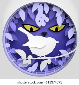 Vector illustration Paper box of shadow to bird on Blackthorn tree branch. Concept paper cut origami design.
