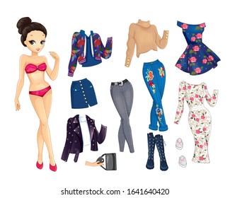 Vector illustration of paper bright doll with cool set of clothes