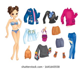 Vector illustration of paper brown hair doll with  set of casual and jeans clothes