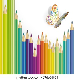 Vector illustration of a paper butterfly and colored pencils