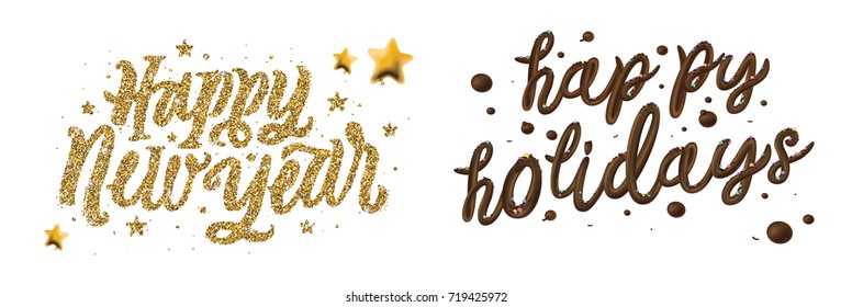 Vector illustration of paper cards with Happy Holidays and Happy New Year lettering and ornamental elements isolated on white background. Christmas calligraphy. Gold glitter and chocolate cream. 