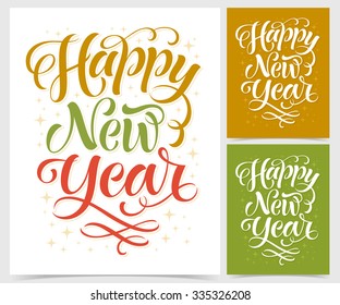 Vector illustration of paper cards with holidays lettering and ornamental elements. Happy New Year text for invitation and greeting card, prints and posters. Hand drawn vintage design