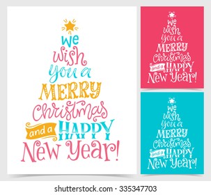 Vector illustration of paper cards with holidays lettering and ornate elements. Merry Christmas and Happy New Year text for invitation and greeting card, prints and posters. Hand drawn vintage design