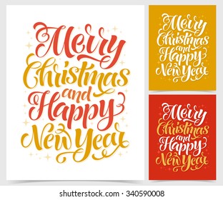 Vector illustration of paper cards with holidays lettering. Merry Christmas and Happy New Year text for invitation, greeting card, prints and posters. Hand drawn vintage design