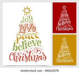 Vector illustration of paper cards with holidays lettering. Joy, love, peace, believe Christmas text for invitation and greeting card, prints and posters. Hand drawn vintage design