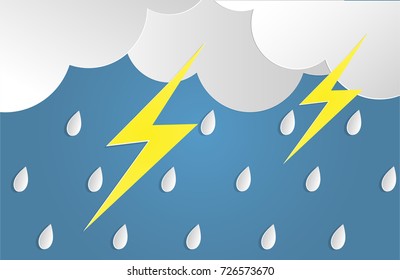 Vector illustration of paper carve to lightning and thunderbolt with a gray cloud and rain drops on blue sky, paper art storm concept. Rainy day.