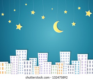 Vector Illustration Of A Paper City At Night