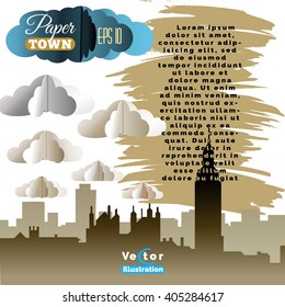 Vector illustration with paper clouds and city silhouette.