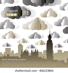 Vector illustration with paper clouds and city silhouette.