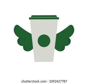 Vector illustration of Paper Coffee Cup with Wings. Flying Coffee Concept.