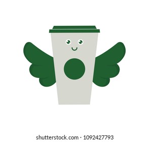Vector illustration of Paper Coffee Cup with Wings. Flying Coffee Concept. Coffee Character
