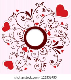 Vector illustration of paper crafted red hearts on swirl flourish textured background with round frame