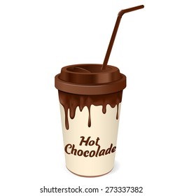 Vector illustration. Paper Cup for chokolade  with Cover and Cocktail Straw. Plastic Pack Template Ready For Your Design