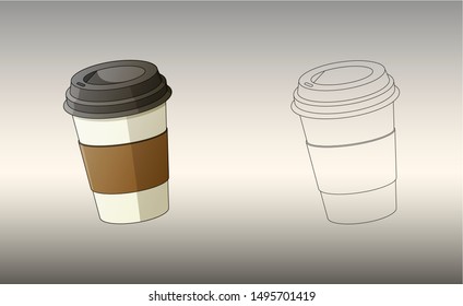 Vector illustration of paper cup with coffee or tea in 3d style. Dice-box with hot drink. Paper cup with color and monochrome version. Coffee cup to go vector illustration.