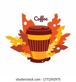 vector illustration paper cup of coffee with orange leaves. hot coffee in orange tones. flavored drink illustration.