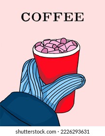Vector illustration of paper cup of coffee with marshmallows. Inscription of Coffee. Coffee view for poster, postcards, magazines, advertising. Cappuccino, americano, espresso, mocha, latte, cocoa. 