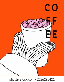 Vector illustration of paper cup of coffee with marshmallows. Inscription of Coffee. Coffee view for poster, postcards, magazines, advertising. Cappuccino, americano, espresso, mocha, latte, cocoa. 