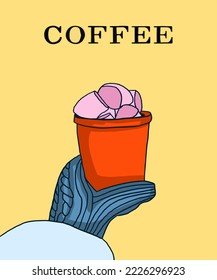 Vector illustration of paper cup of coffee with marshmallows. Inscription of Coffee. Coffee view for poster, postcards, magazines, advertising. Cappuccino, americano, espresso, mocha, latte, cocoa. 