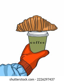 Vector illustration of paper cup of coffee with croissant. Inscription of Coffee. Coffee view for poster, postcards, magazines, advertising. Cappuccino, americano, espresso, mocha, latte, cocoa.